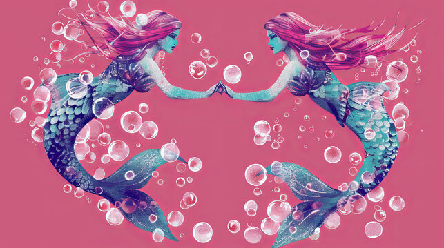 Art illustration mixed media style two mermaids holding hands with bubbles and pink ocean background

