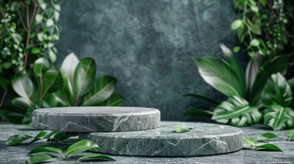 Natural stone and concrete podium in Natural green background for Empty show for packaging product presentation. Background for cosmetic products, the scene with green leaves - generative ai