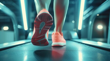 Close up a runner athlete running on treadmill in sports center. AI generated image