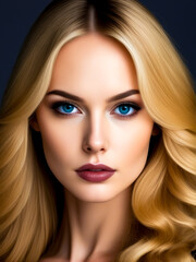 A woman with long blonde hair and blue eyes