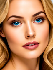 A woman with blonde hair and blue eyes is shown with a very soft