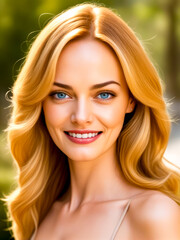 Naklejka premium A woman with blonde hair and blue eyes is smiling