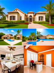 Fototapeta premium A home with a pool and a white house with a red door