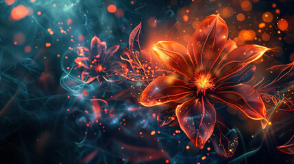 Beautiful fiery flower on a dark background. Digital art. The image is impressive in its unexpectedness and can be used in design in a wide variety of areas. - obrazy, fototapety, plakaty