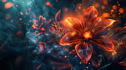 Foto op Plexiglas Beautiful fiery flower on a dark background. Digital art. The image is impressive in its unexpectedness and can be used in design in a wide variety of areas. © Sviatlana