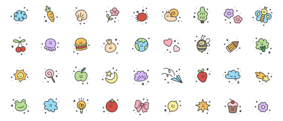 Set of cute kid icons. Childish scribble collection of sun, cloud, fruit, planet, sweet, tree, flower, burger, apple, lemon, seashell, candy, cherry, cake, bee, snail, frog, bow, heart, pencil.