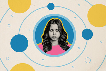 Collage picture artwork of sad upset funny capricious pretty girl blowing cheeks isolated on...