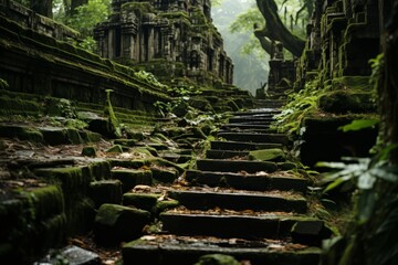 Fototapeta premium Stairs ascend to a junglecovered ruin in a forest clearing
