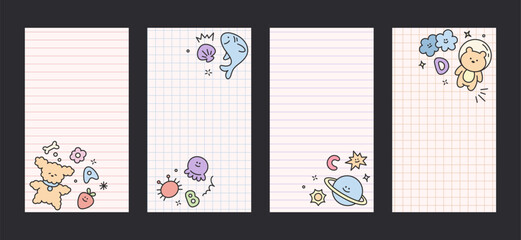Kid cute story template of notebook sheets with childish elements. Simple scribble vector elements of social media stories with dog, planet, star, letter, cloud, bear, seashell, arrow, stroke. 