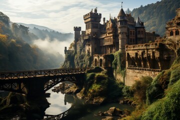 A bridge connects the castle on the mountain with the sky - obrazy, fototapety, plakaty