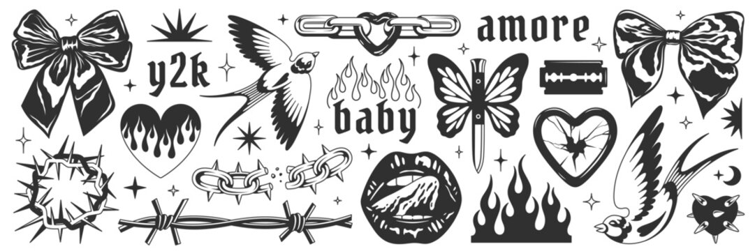 Y2k symbols, goth chain, heart, flame, bow, mouth, butterfly knife, mouth, blackthorn, blade, broken mirror. Y2k aesthetic set. Tattoo art signs of 2000s style. Vector tattoo line modern stickers