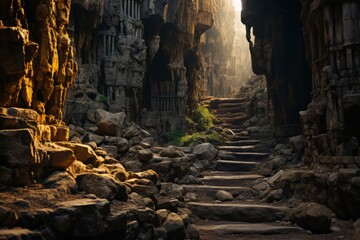 Natural landscape with stairs leading to cave among bedrock surrounded by rocks - obrazy, fototapety, plakaty