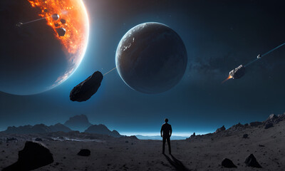 3D illustration of a man in space watches an asteroid approaching Earth.