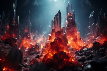 A cave filled with fiery rocks and crystals lighting up the dark world - obrazy, fototapety, plakaty