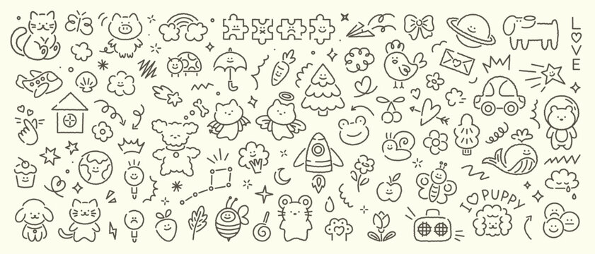 Hand drawn scribble kid doodle icon set. Cute children set of sun, flower, smile, heart, animal, cloud, star, rainbow, fruit. Vector trendy sketch childish elements for stickers, patterns, banners.