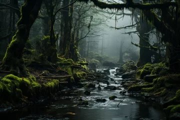 Fototapeten A stream flows through a dark forest with mossy trees © Yuchen