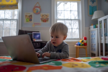 1-3 year old little boy in his room uses a laptop,the concept of generation alpha,education,child development,Internet hygiene,medical, psychological research
