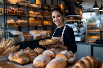 A smiling and friendly young saleswoman sells fresh bread in a clean and modern bakery with elements of wooden style, the concept of advertising and marketing of the bakery,