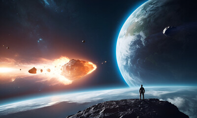 3D illustration of a man in space watches an asteroid approaching Earth.