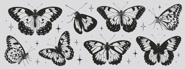 Butterflies collection in the style of grunge stamp and organic shapes. Vector graphic in trendy retro 2000s style. Y2k aesthetic, tattoo silhouette, hand drawn stickers. Grain texture butterfly.