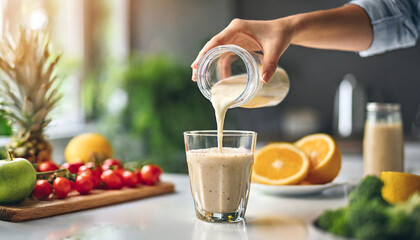 hand pouring protein shake into glass cup on white table top in bright kitchen
