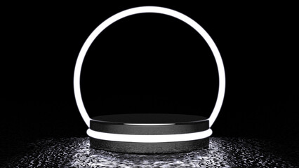 3d rendering of Black and Light Podium pedestal isolated on black background, Circle Shaped framed, memorial board, Angular steps, abstract minimal concept, free space, clean design, luxury minimalist