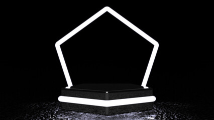 3d rendering of Black and Light Podium pedestal isolated on black background, Pentagon Shaped framed, memorial board, Angular steps, abstract minimal concept, free space, clean design, luxury