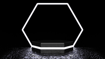 3d rendering of Black and Light Podium pedestal isolated on black background, Hexagon Shaped framed, memorial board, Angular steps, abstract minimal concept, free space, clean design, luxury