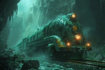 Echoes of the Past: An Ancient Steam Locomotive Emerging from a Mystic Cavern - obrazy, fototapety, plakaty