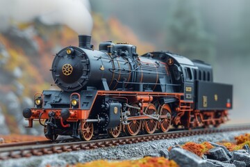 Fototapeta premium Precise Craftsmanship: Classic Black Steam Locomotive Model on Tracks
