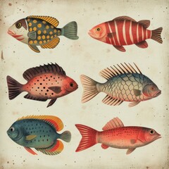 Naklejka premium Collection of colorful fish isolated on beige background. Set of fish icons. Vintage retro style