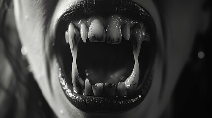 Monochrome Menace: Grayscale Image of Ghoulish vampire Teeth