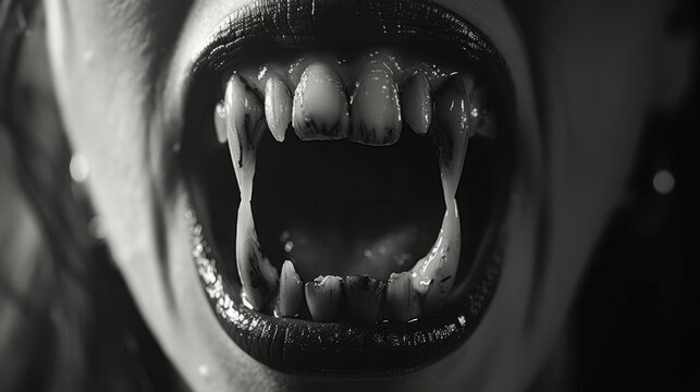 Monochrome Menace: Grayscale Image of Ghoulish vampire Teeth