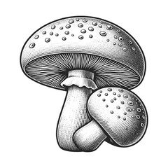 Mushrooms champignon, showcasing detailed line art sketch engraving generative ai vector illustration. Scratch board imitation. Black and white image.