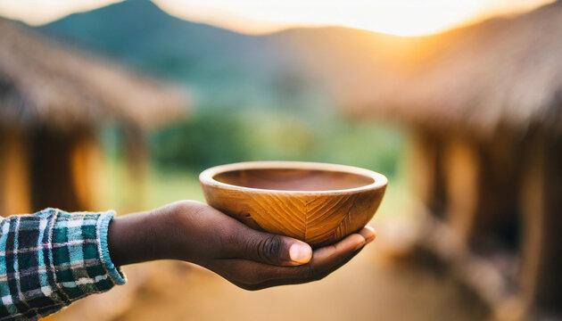 empty wooden bowl held by African child, symbolizing hunger and poverty in Africa