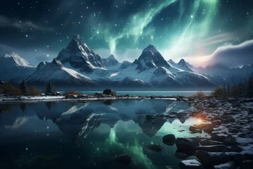 Fotobehang The aurora borealis illuminates the mountain range and lake under the night sky © Yuchen