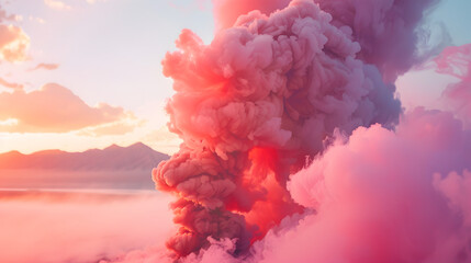 Fototapeta premium Pink smoke clouds. Clubs of pink smoke, An explosion, a burst of holi paint, Abstract psychedelic pastel light background, 3d rendering