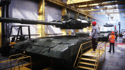 Production of military russian battle tank T 90 at the factory. Military factory weapon. 3d rendering.