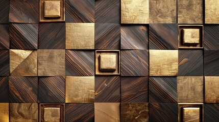 3d wallpaper in the form of imitation of decorative mosaic of wood colored details and gold decor with high quality seamless realistic texture 