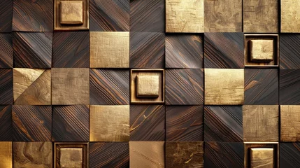 Foto op Aluminium 3d wallpaper in the form of imitation of decorative mosaic of wood colored details and gold decor with high quality seamless realistic texture  © Azad
