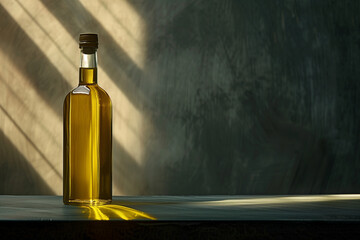 Beautiful bottle of transparent virgin olive oil in minimalist style with a lot of space for copy paste text< a beautiful background with olive oil bottle on the table