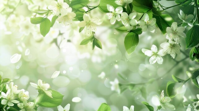 Spring of floral blossom with green leaves and white flowers background. AI generated image