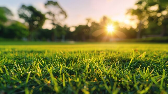 Beautiful park in morning view with green grass field and sunrise. AI generated image