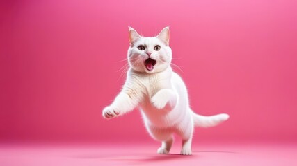 white fluffy cat jumping on a pink background. The concept of freedom, energy, playfulness, expression, movement.