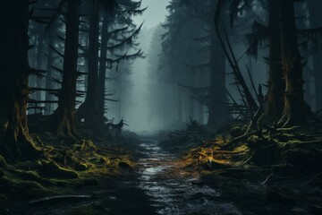 A dense forest with towering trees and a meandering stream, shrouded in darkness - obrazy, fototapety, plakaty