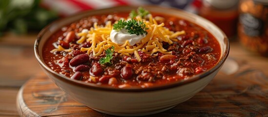 Texas-style Chili Steaming in Warm Light with American Flag Inspired Patriotism on a Rustic Wooden Table