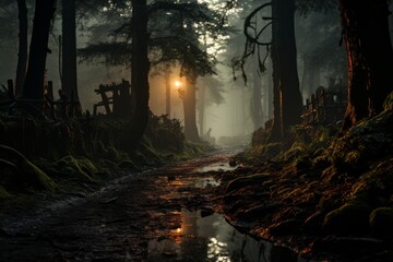 A dense forest with a meandering river and sunlight filtering through the trees - Powered by Adobe