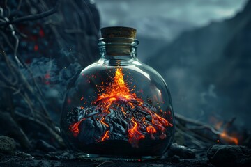 Volcanic Eruption in a Closed Glass Bottle, an Erupting Volcano with Lava Flows - obrazy, fototapety, plakaty