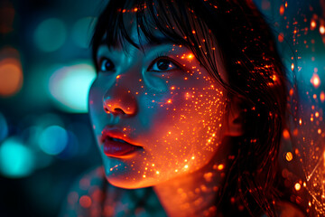 Futuristic Asian Woman Immersed in Illuminated Holographic Algorithmic Patterns