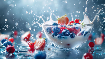 3d render of tasty strawberries and blueberries are falling and splashing in milk, Berries and Cream Milkshake joyful fun breakfast